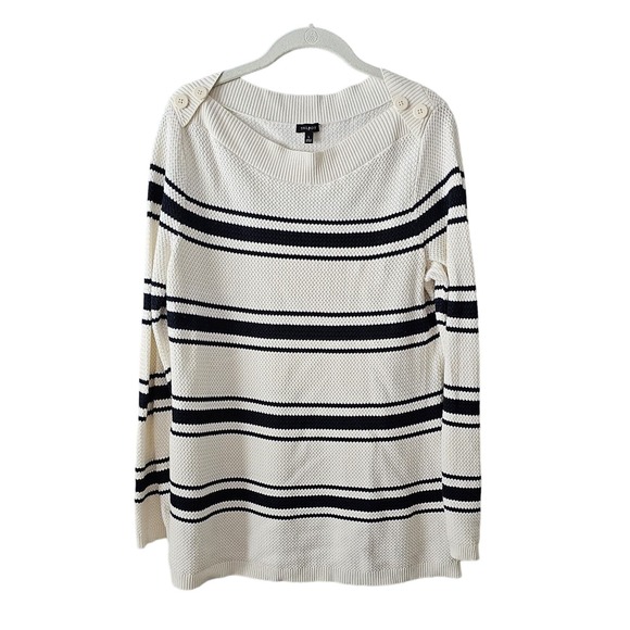 Talbots Sweaters - Talbots Womens Size L Black Ivory Stripe Tunic Sweater Button Shoulders Nautical